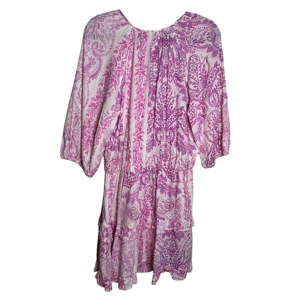 Zara Pink Paisley Tiered Mini Dress Linen Blend XL Boho Cottagecore - Picture 3 of 6